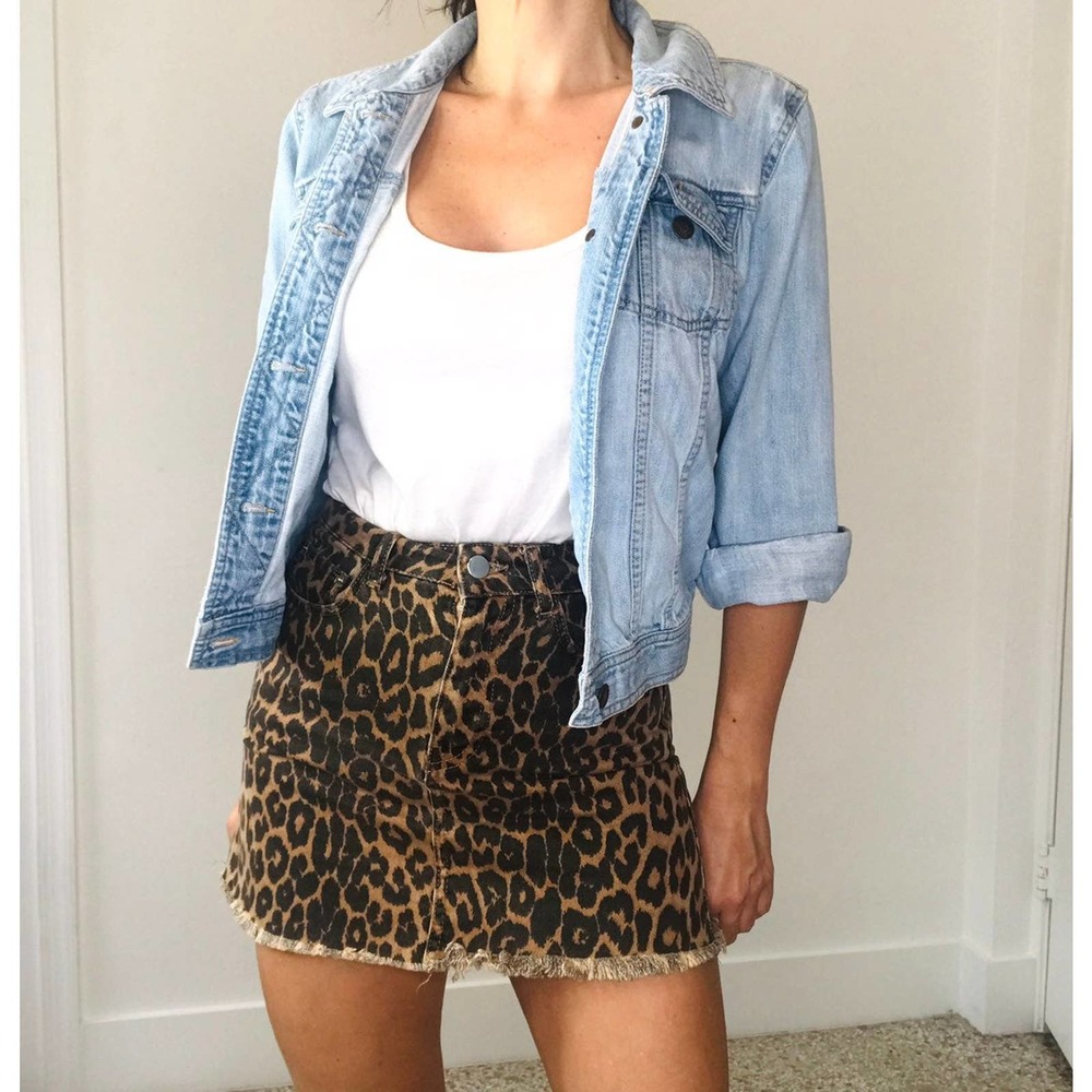 Zara Leopard Print Denim Mini Skirt - Brown & Black